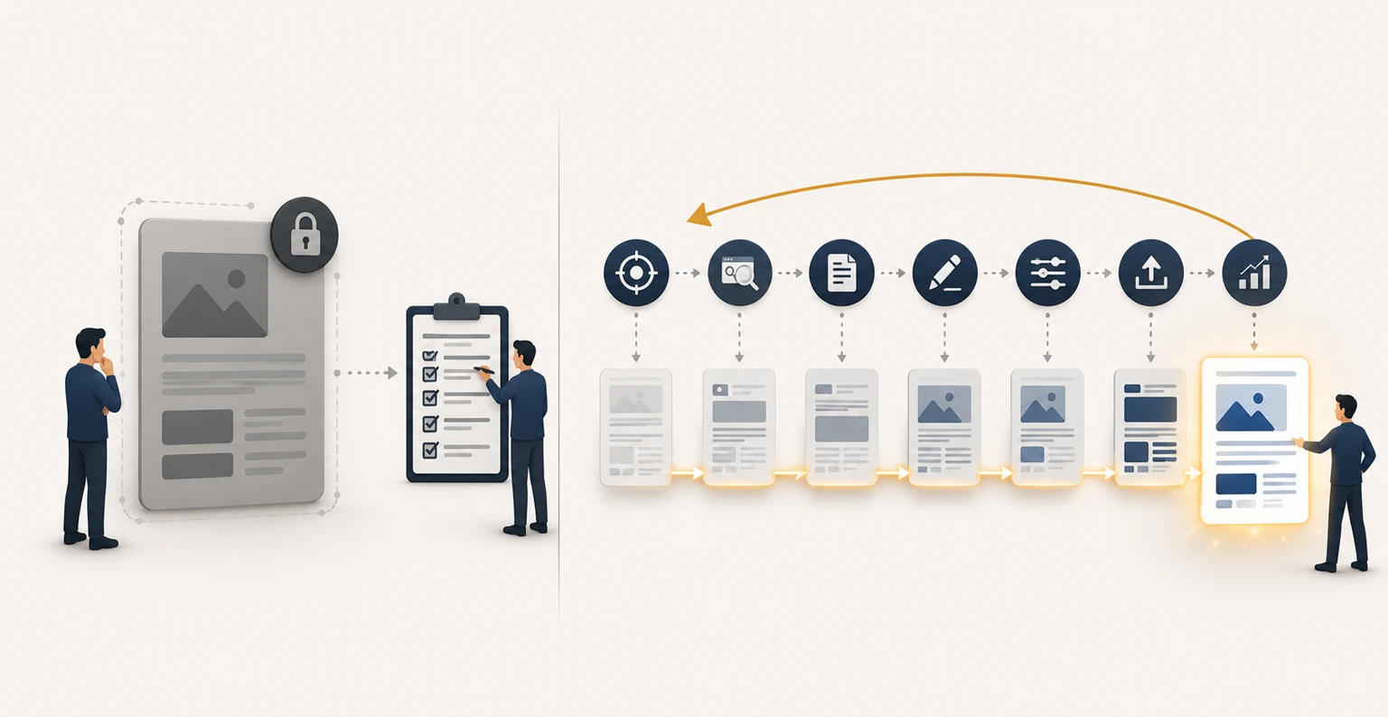 A repeatable on-page SEO workflow shown as a looping seven-step cycle from query research through publishing to monitoring and iteration