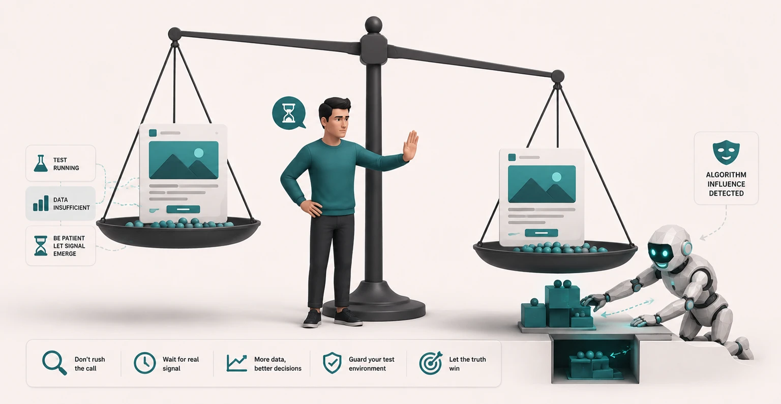 A marketer refusing to call a winner on too little data while the platform quietly reallocates budget mid-test