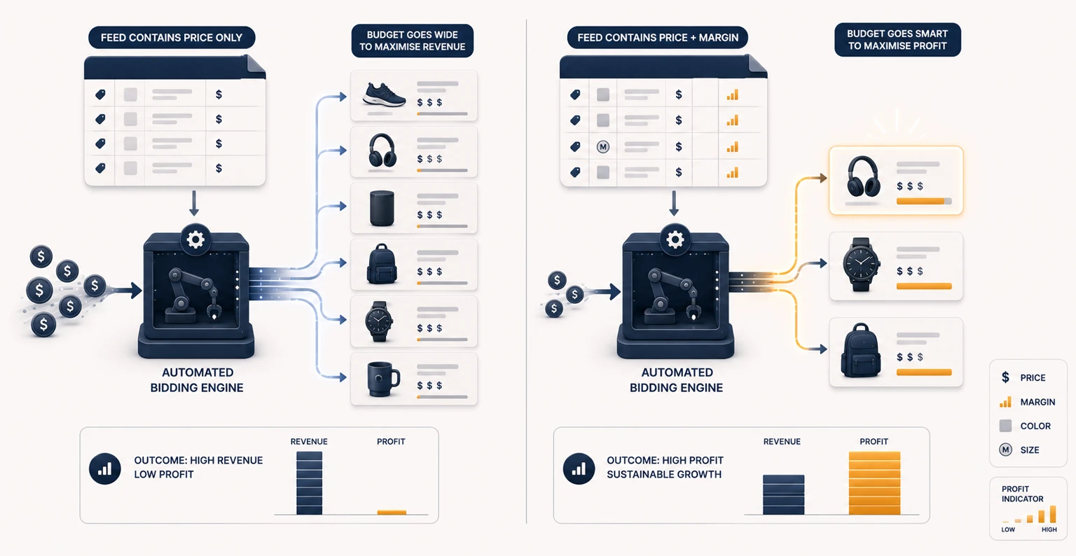 A structured product data feed being optimised with titles, attributes and margin labels to power profitable Shopping ads