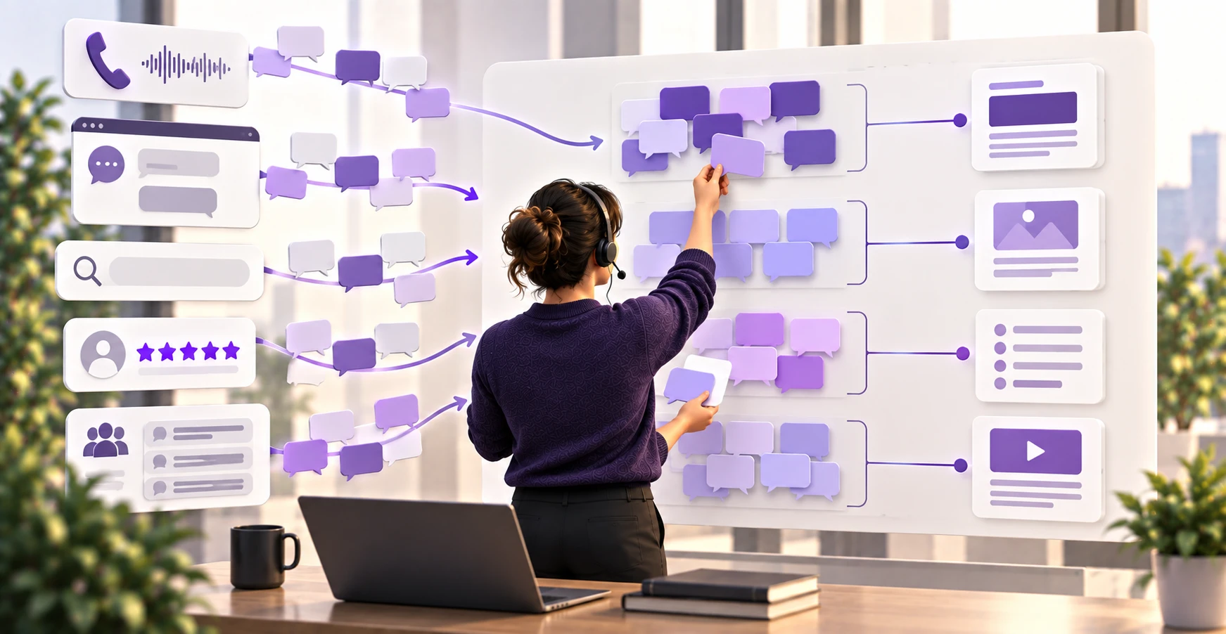 A marketer collecting real buyer questions from sales calls, support tickets and forums and grouping them into topics