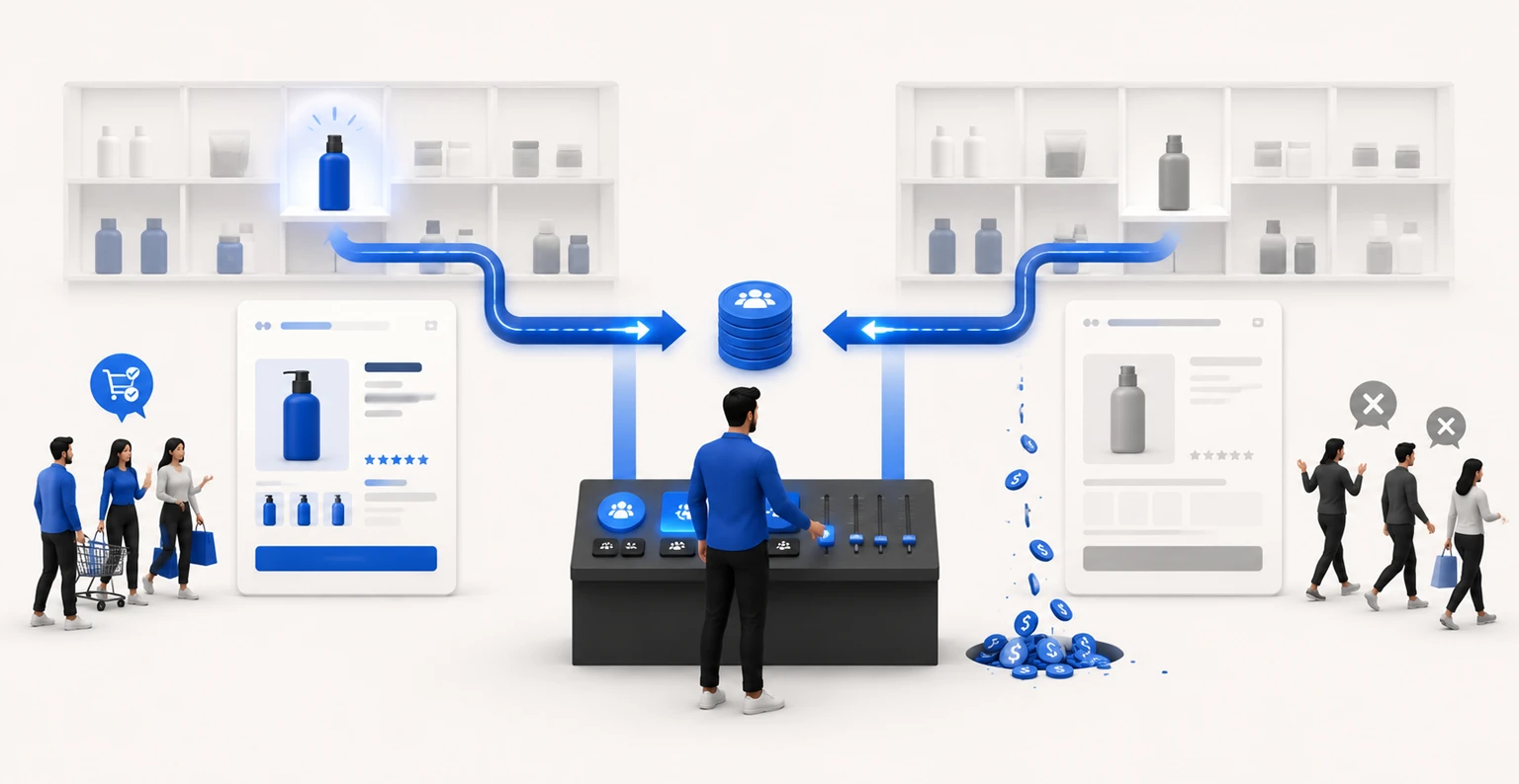 A marketer building a retail media campaign structure with separate lanes for discovery and proven keywords feeding into each other