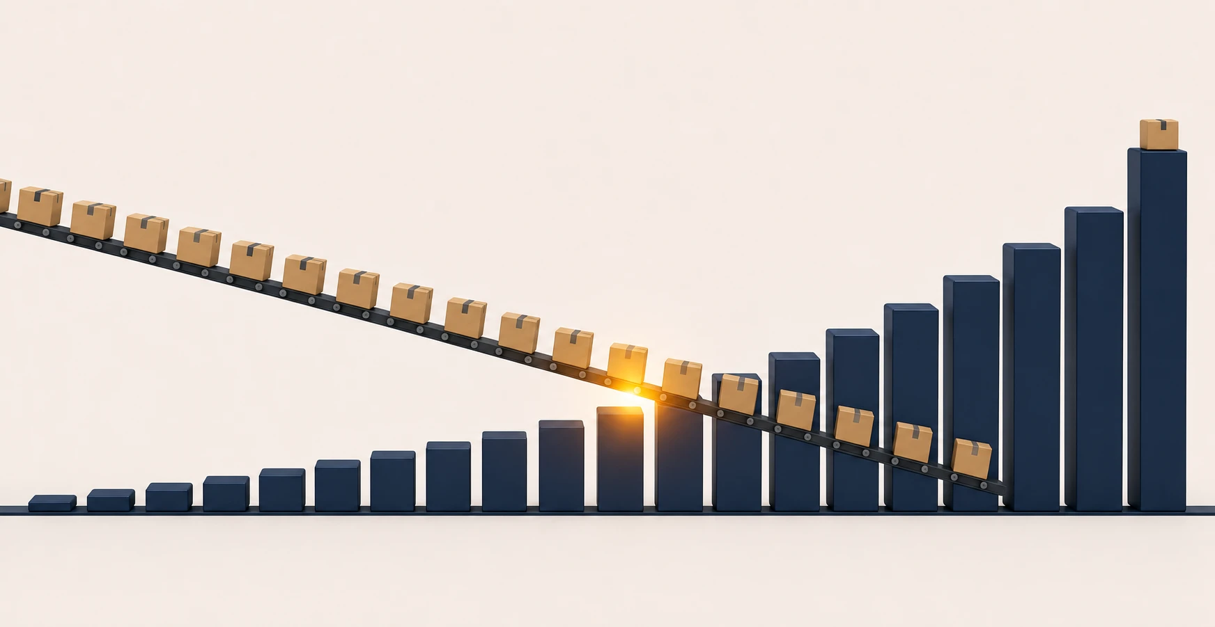 A falling line of returning parcels set against a rising cost per unit, the two curves crossing