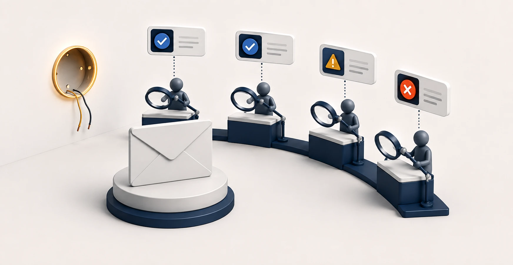 One sender assessed simultaneously by several independent judges returning different verdicts, with the reading dial removed