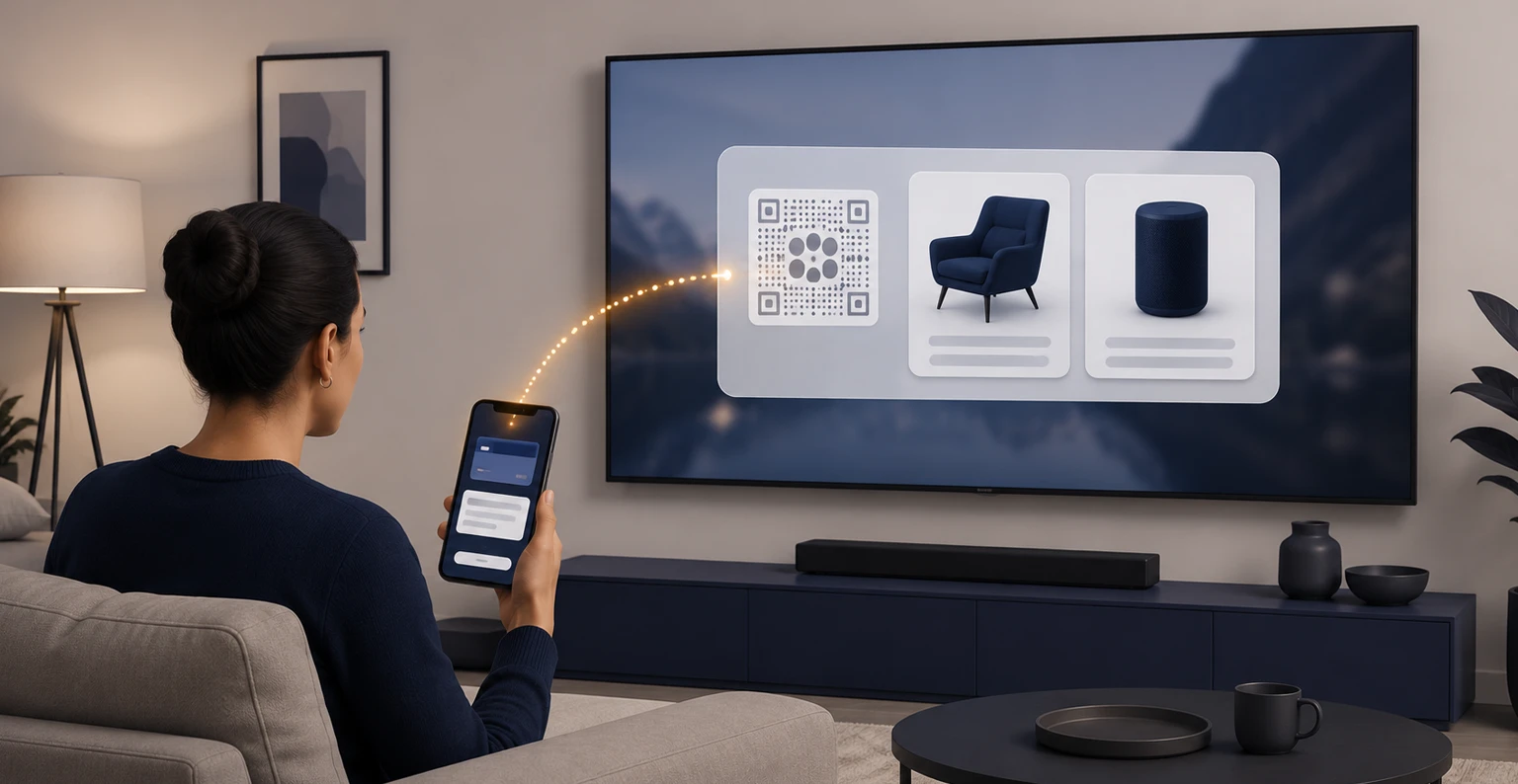 A living-room television showing an interactive product overlay with a scannable code, and a phone in the foreground picking up the handoff to a checkout screen