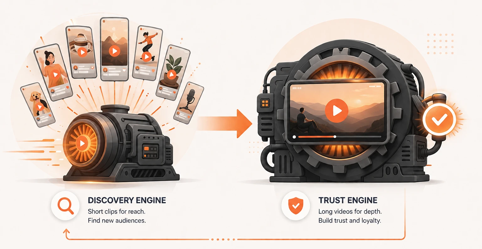 A content funnel showing short video clips driving discovery at the top and long-form videos building trust and conversion below
