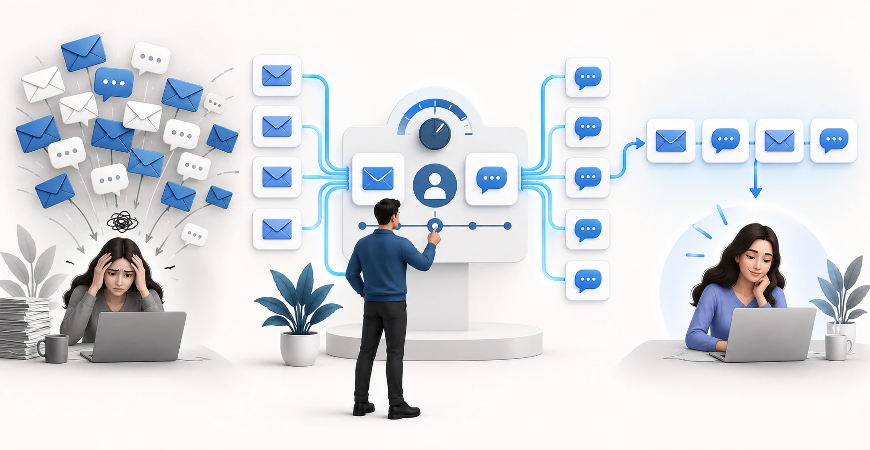 A marketer coordinating SMS and email around a single customer profile to prevent overlap and over-messaging
