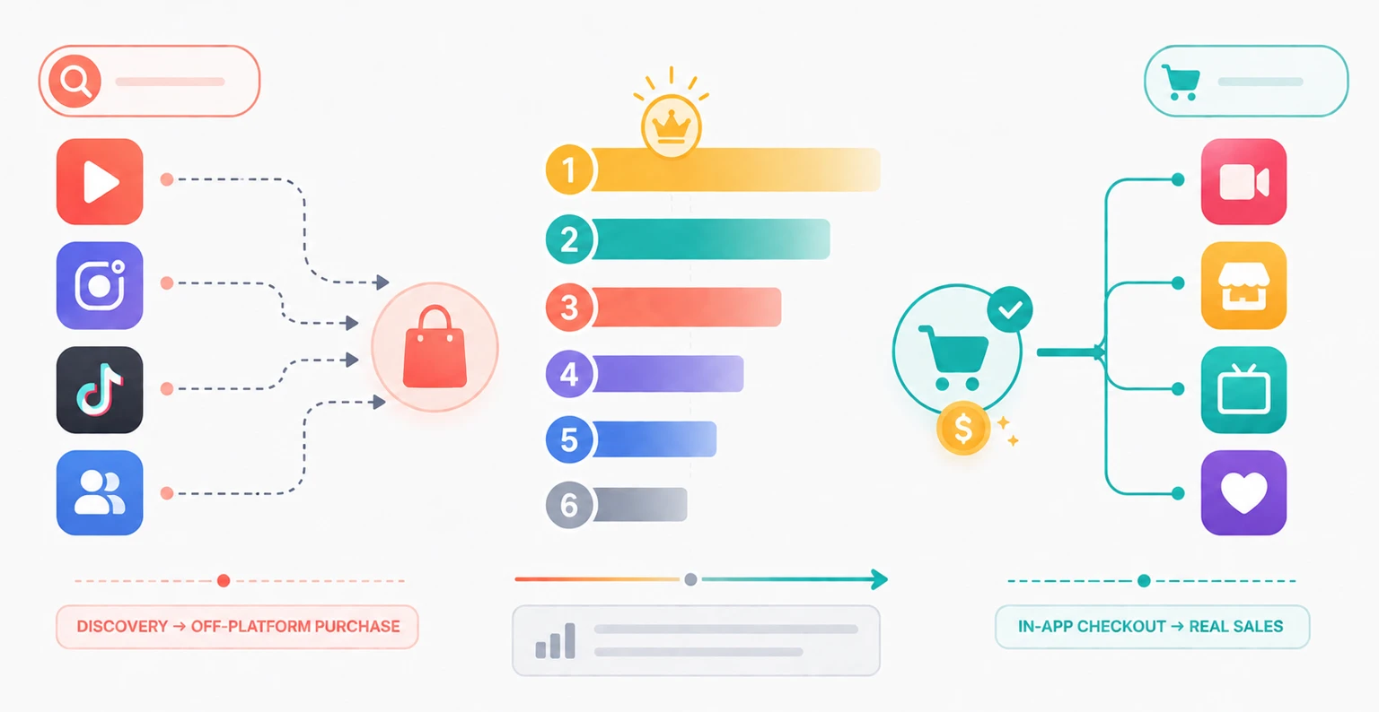 A comparison of social commerce platforms ranked by real sales performance, separating discovery channels from in-app checkout platforms