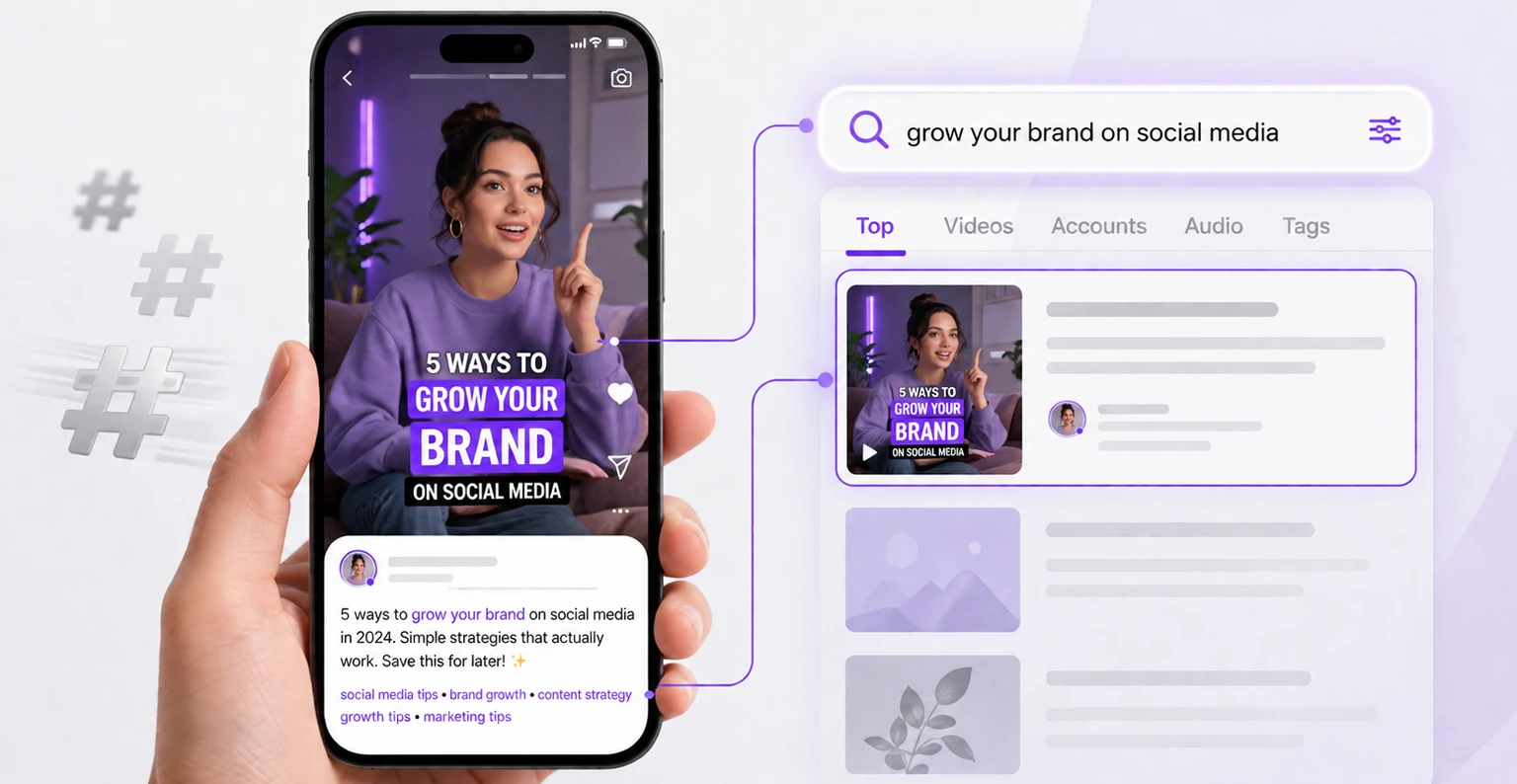 A phone showing a Reel with keyword-rich on-screen text and caption, next to an in-app search bar surfacing the video