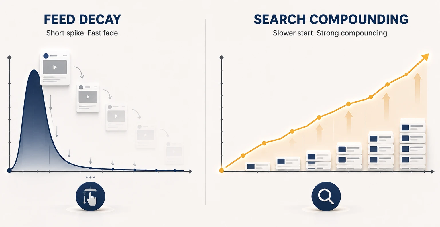 A social post being surfaced across three search surfaces — in-app platform search, a traditional search engine, and an AI assistant answer