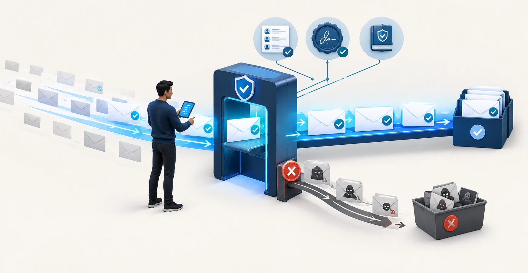 A marketer setting up SPF, DKIM, and DMARC email authentication to reach the inbox and block domain spoofing