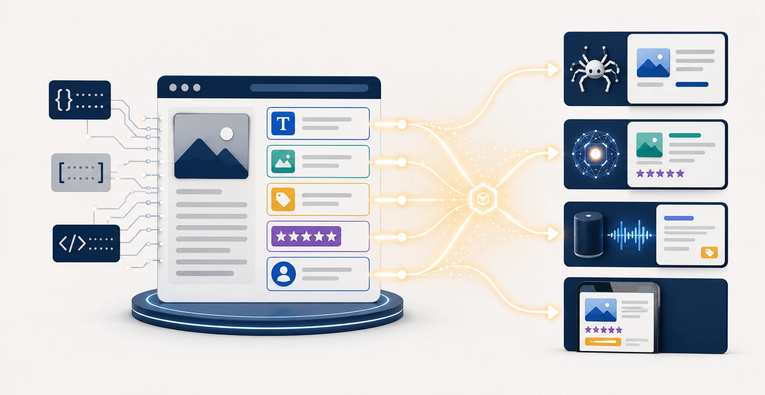 A website's content being labelled into structured fields and schema markup so search engines and AI answer engines can read it unambiguously
