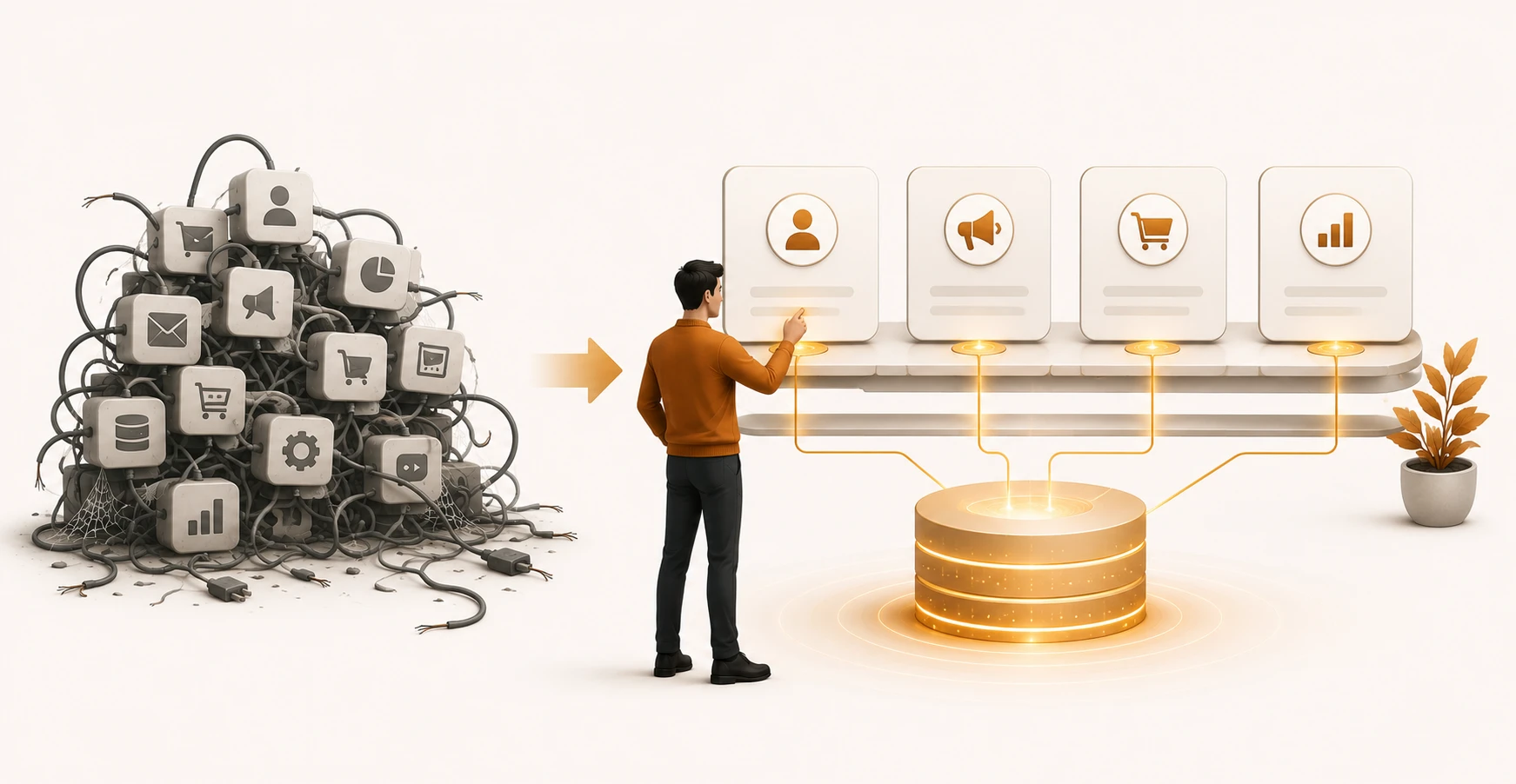 A marketer connecting a stratified 2026 martech stack around a unified data layer instead of adding disconnected point tools