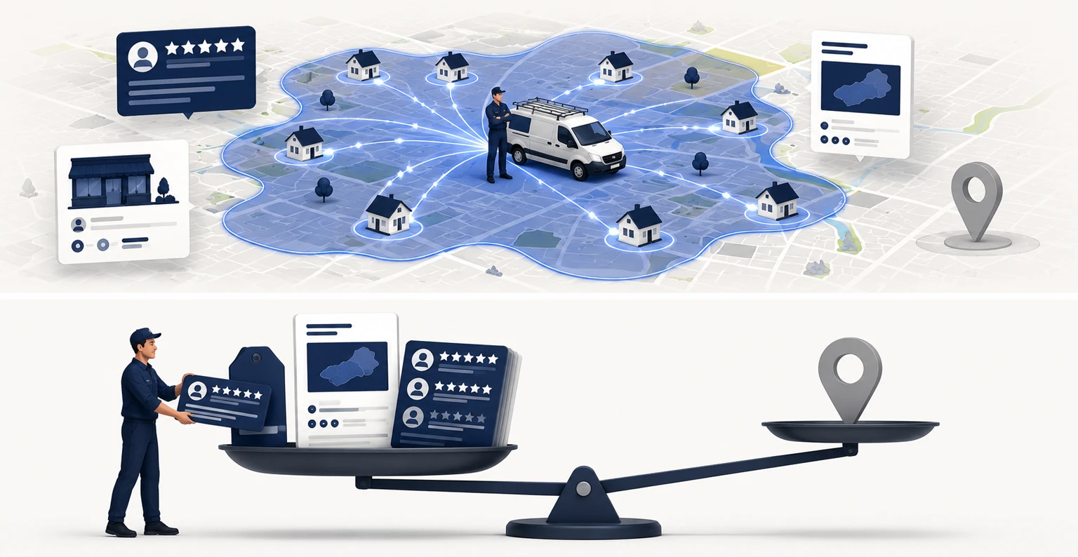 A service-area business ranking across its coverage zone on a map through reviews, Google Business Profile, and local pages instead of a single storefront pin