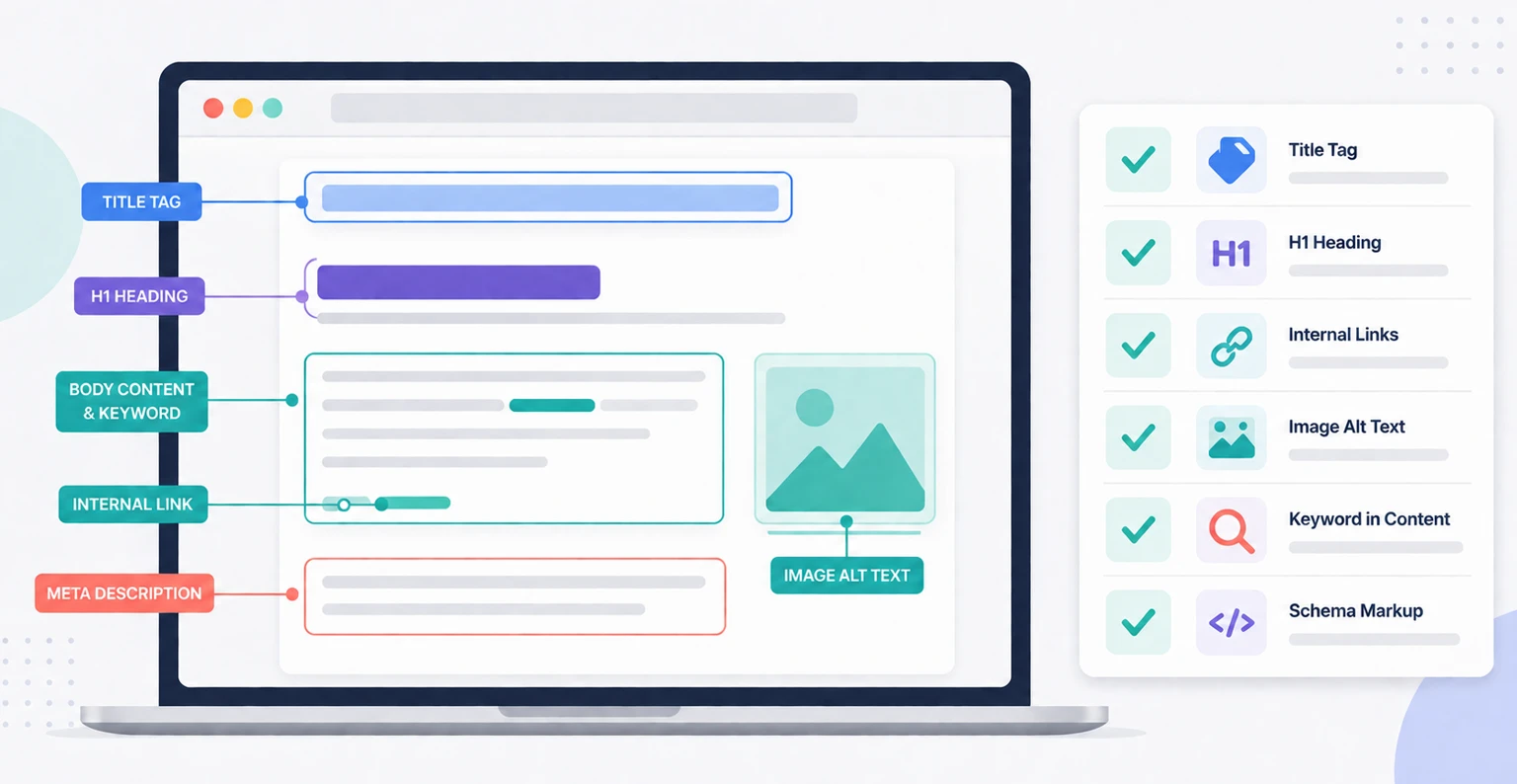An on-page SEO checklist overlaid on a web page, showing optimized title, headings, keywords, links, and schema