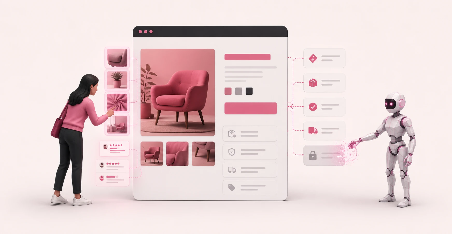A shopper and an AI shopping agent examining the same product page and looking for completely different things