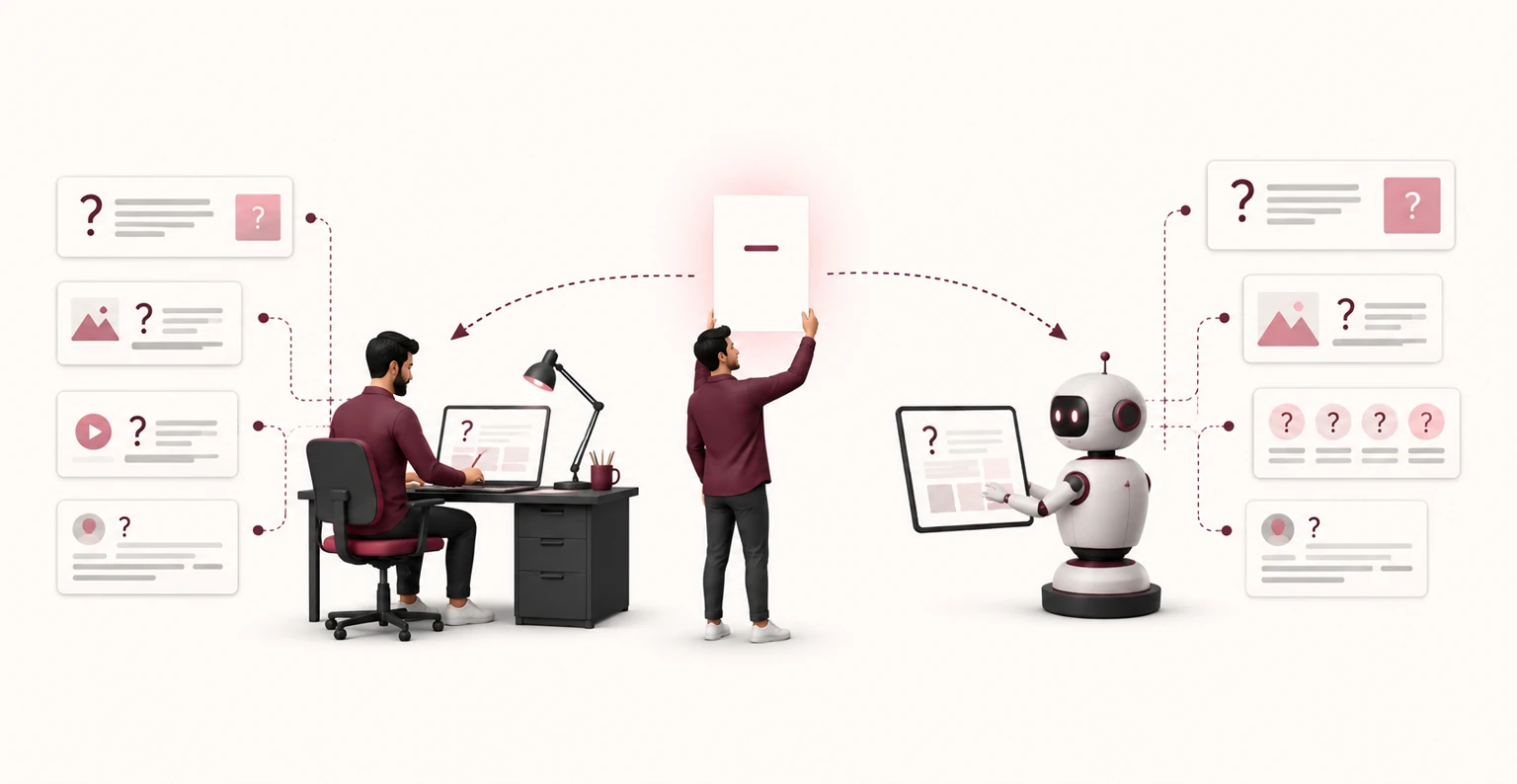A marketer handing one clear brief document that guides both a human writer and an AI system toward the same standard