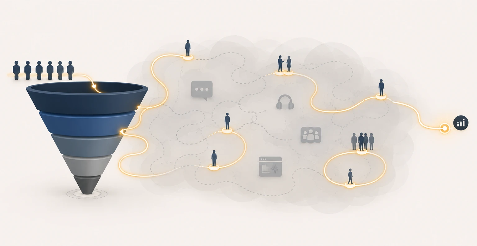 A traditional linear marketing funnel beside the looping, mostly invisible path buyers actually take in 2026