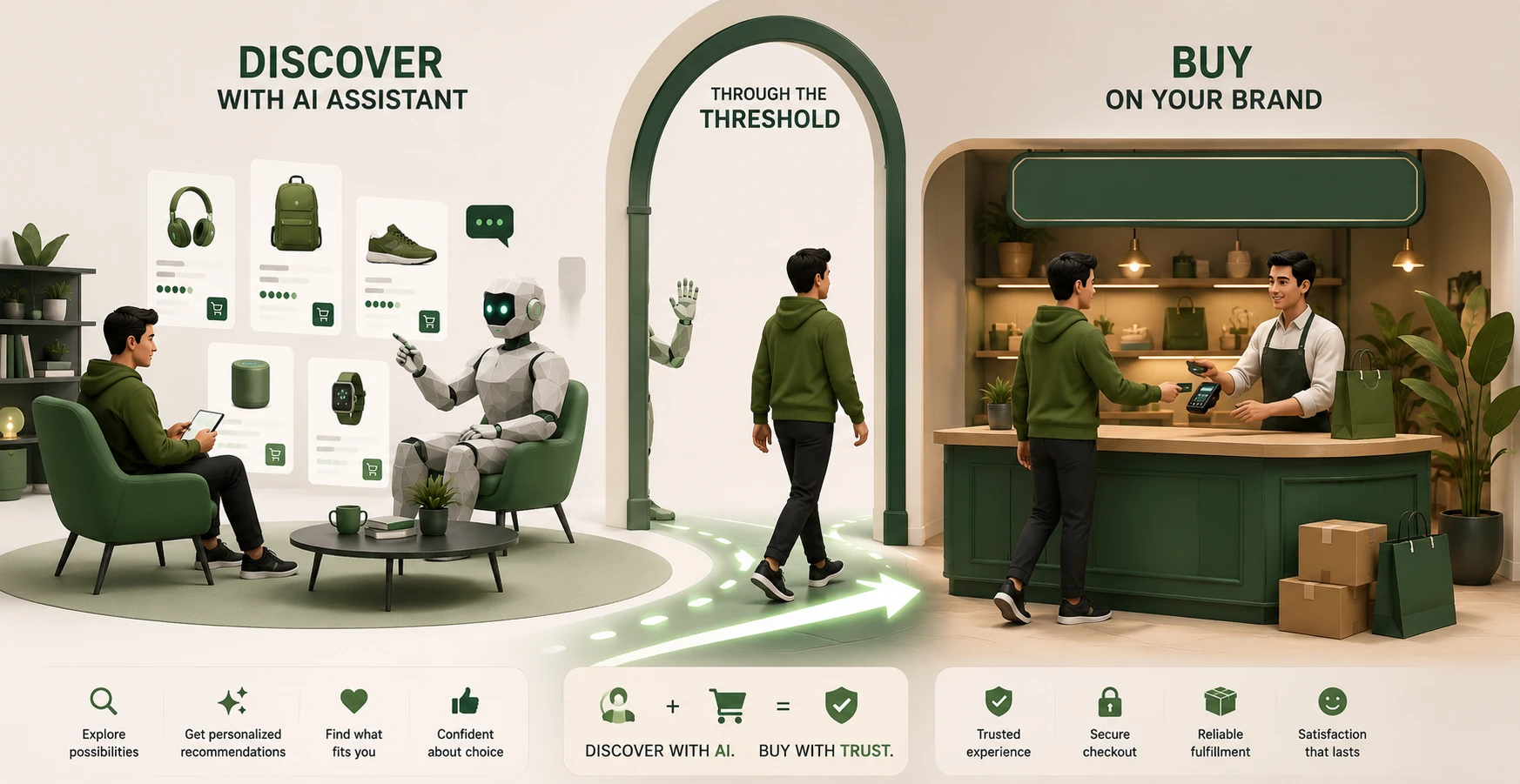 A shopper discovering a product through an AI assistant then completing the purchase on the brand's own trusted storefront