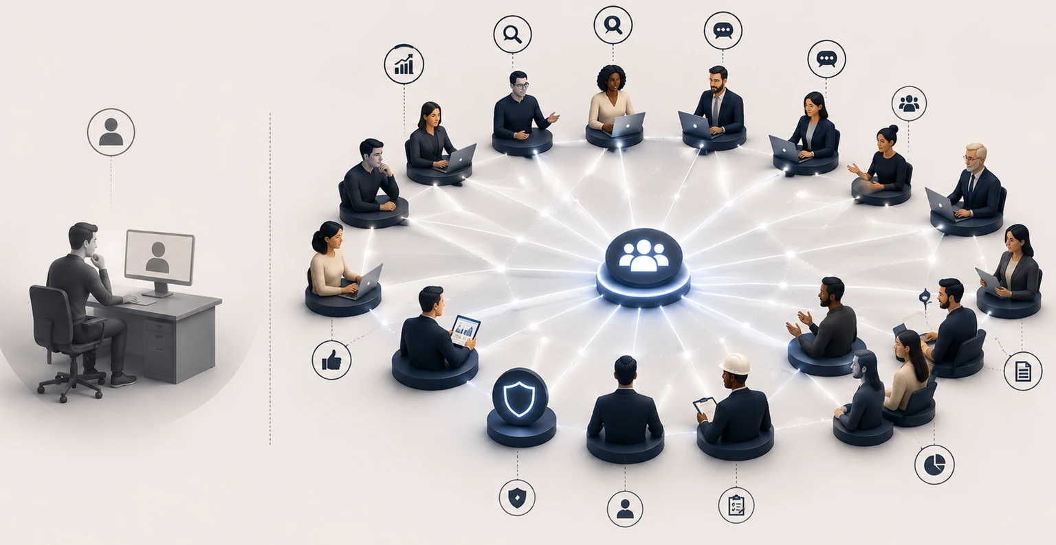 A B2B buying committee weighing peer reviews, expert opinion, and a product trial more heavily than a vendor advertisement