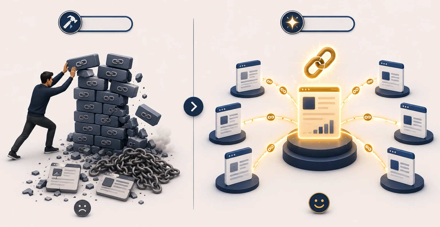 A few high-quality editorial backlinks from credible sites outweighing a large pile of low-quality spam links on a balance scale