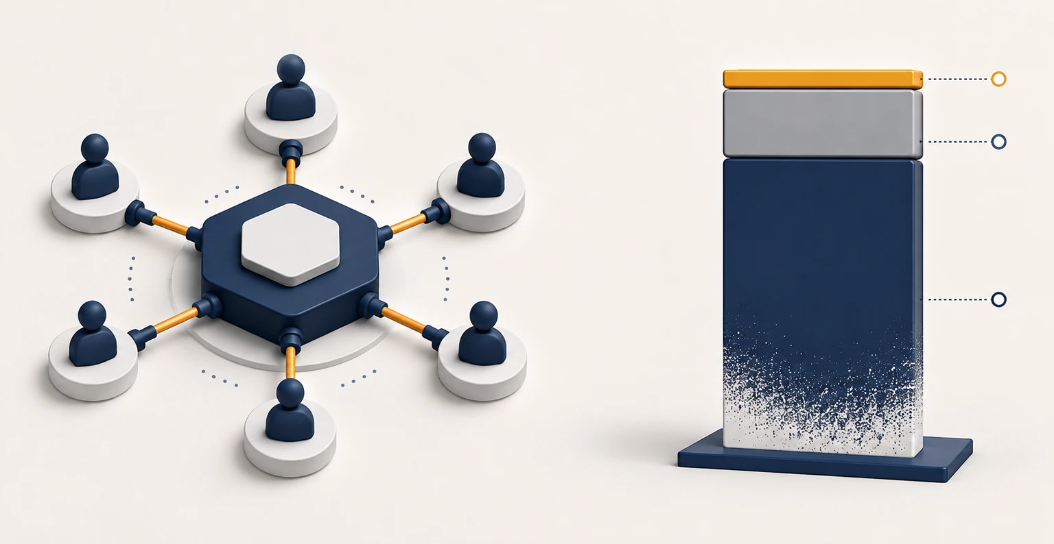 A row of client accounts all still connected but each visibly narrower than before, beside a team chart weighted heavily toward production roles