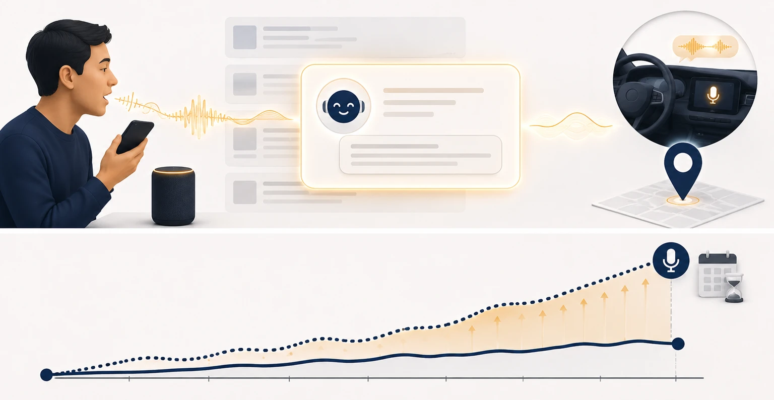 A spoken question travelling from a phone and smart speaker into an AI assistant that answers aloud, showing voice as an interface rather than a separate search channel