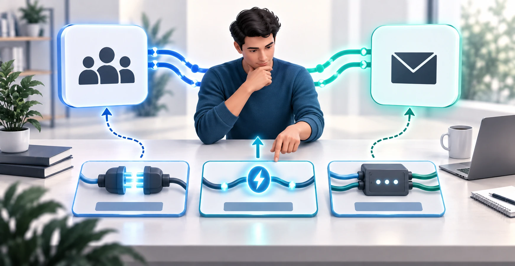 A marketer connecting two marketing tools using a native integration, a webhook, or no-code middleware depending on the job