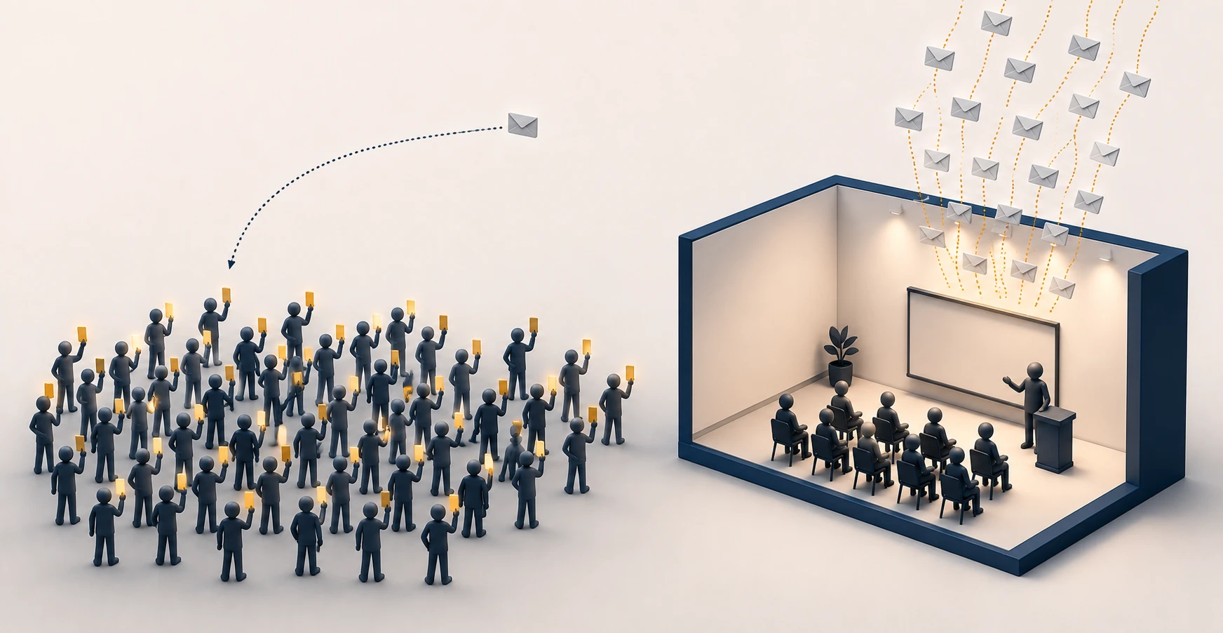 A larger group of registered non-attendees standing outside a session while a smaller group inside receives all the follow-up attention