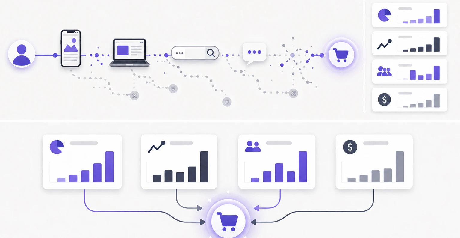 A fragmented customer journey across channels and devices where marketing attribution data no longer connects into a single clear path