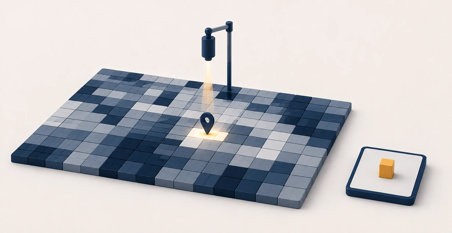A grid of differing local positions across a map area, sampled at a single point by a tracker reporting one number
