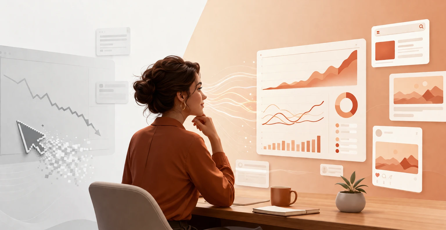 A marketer reviewing a dashboard that tracks search impressions, branded search lift, and engagement instead of clicks